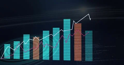 Displaying bar chart showing white and magenta trends on data dashboard, with Stockfoto's