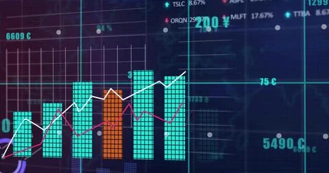 Displaying bar chart on trading dashboard with aqua bars, orange column, white Stock Illustration