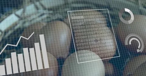 Displaying bar chart trend line, binary code panel and circular gauges on Stock Photos
