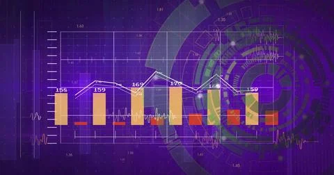 Displaying bar chart with white line on purple display, orange bars, labels, Stock Illustration