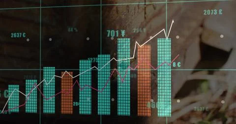 Displaying bar chart on wood backdrop, showing teal and orange bars, €¥£¢ 스톡 사진