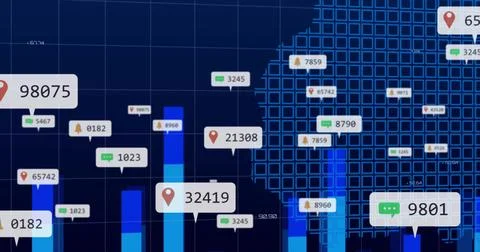 Displaying bar charts on analytics dashboard, with callouts, pin, chat and bell Stock Photos