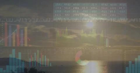 Displaying bar charts, line graphs, pie chart and data table floating over Stock Photos