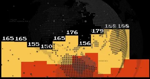 Displaying bar columns fluctuating on screen, with numeric labels, globe motif 库存插图
