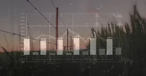 Displaying bar-line chart overlay on dusk pasture, with tall grass, fence posts Stock Photos