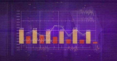 Displaying bar line chart in purple gradient, with yellow red bars and labeled Illustrazione stock
