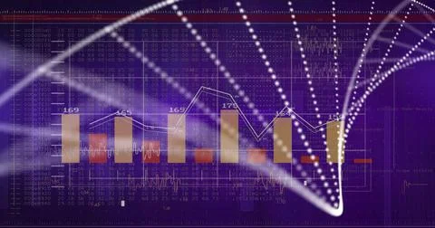 Displaying bar-line chart on purple UI, showing gold bars, white polyline, Stock-Illustration