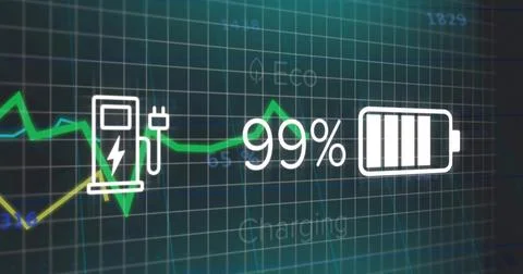 Displaying battery charging status at 99% on vehicle dashboard, with plug ico Stock Photos
