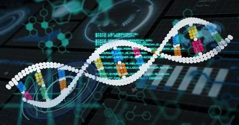 Displaying beaded DNA helix spanning virtual dashboard, showing colored 스톡 일러스트