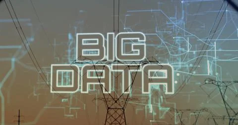 Displaying BIG DATA graphic over transmission towers and power lines at dusk, Stockfoto's