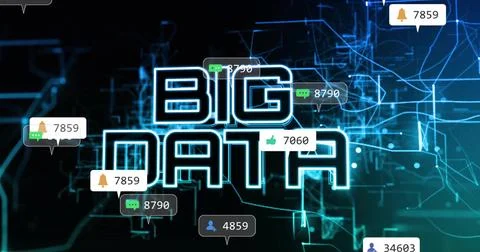 Displaying BIG DATA lettering over circuit, with notification, chat, thumbs-up Stock Illustration