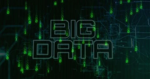 Displaying BIG DATA text over dark grid, with green binary digits cascading and Stock Illustration