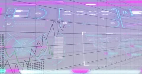 Displaying big holographic data wall showing jagged charts in control room, with Foto stock
