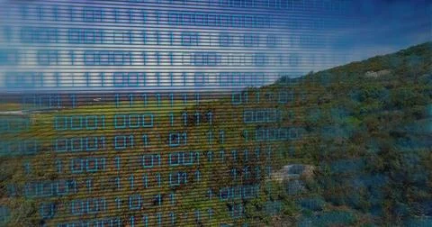 Displaying binary code overlay blending grassy plains, rolling hillside showing 스톡 사진