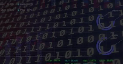 Displaying binary code overlay on digital finance dashboard, revealing stock Stock Photos