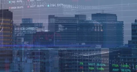 Displaying binary code overlay over skyscrapers at dusk showing neon line graphs Stock Photos
