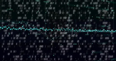 Displaying binary code pattern and teal data points in data interface, with n Stock Photos