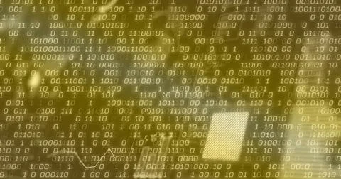 Displaying binary code pattern covering blurred office desk, with monitor and Stock Photos