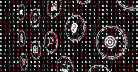 Displaying binary columns and white circular icons on black canvas, with target Illustrazione stock