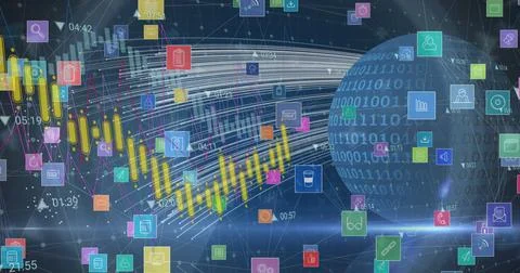 Displaying binary-data sphere on right of data grid with chart bars and icons, Stock Photos