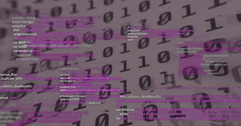 Displaying binary digits and code snippets in digital graphic with magenta white Stock Photos