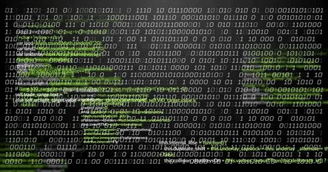 Displaying binary digits and green code scrolling on terminal screen, with Stock Photos