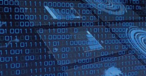 Displaying binary digits cascading across digital interface, with circuit traces Illustrazione stock