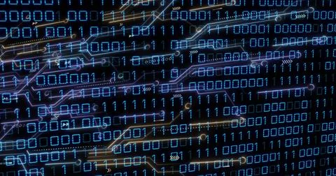 Displaying binary digits filling dark screen, neon circuit traces dotted path Illustrazione stock
