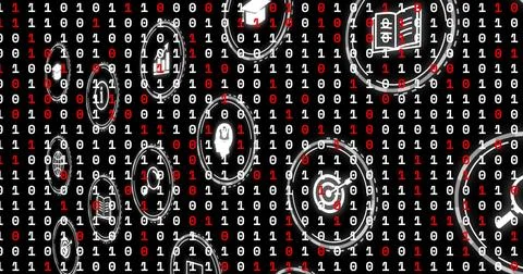 Displaying binary digits shifting on black field, with circular icons for Stock Illustration