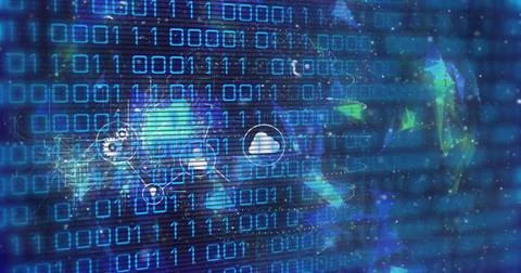 Displaying binary matrix pulsing in digital cyberspace, showing cloud icon, 스톡 사진