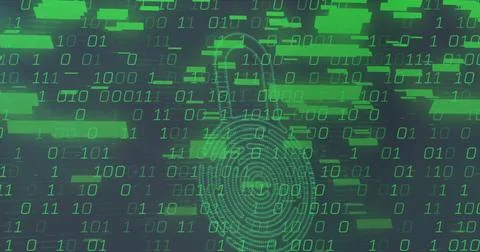 Displaying binary padlock with dotted rings in dark cyberspace, showing floating Stock Photos