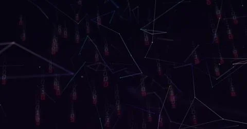 Displaying binary streams and neon linking lines floating in digital network Stock Illustration