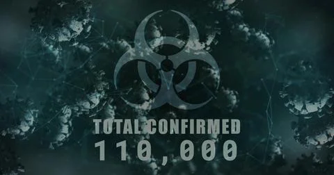 Displaying biohazard icon hovering over medical mesh with virus particles, total 스톡 일러스트