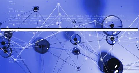 Displaying black and translucent spheres linked by lines in blue gradient space, Foto stock