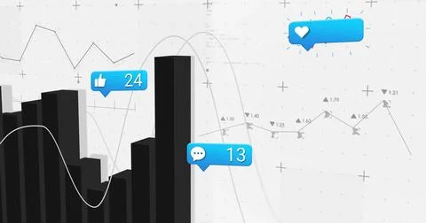 Displaying black bar chart showing speech bubble metrics with line graphs on Stock Illustration