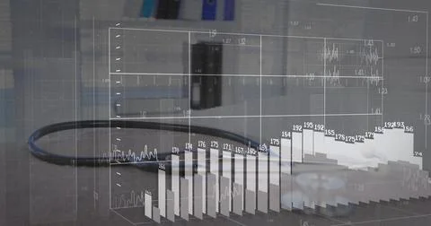 Displaying black cable with 3D data overlay on grey office desk, featuring gear 스톡 사진