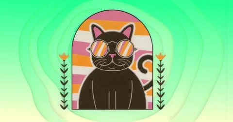 Displaying black cat wearing rainbow sunglasses in striped arch frame, with o Stock Illustration
