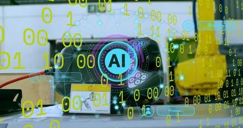 Displaying black device projecting AI emblem, UI overlays on lab bench with red Stock Photos