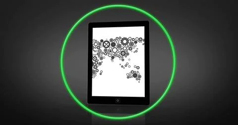 Displaying black-framed tablet showing gears map on shiny platform in studio, Stock Illustration