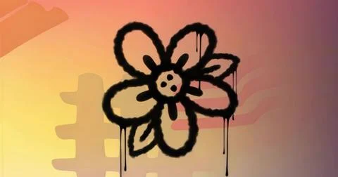Displaying black graffiti flower dripping paint on exterior wall, with hash-s Stock Illustration