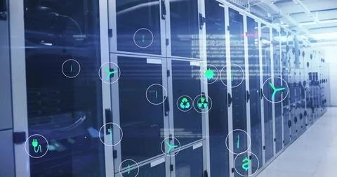 Displaying black server cabinets with cable trays at data center aisle, with Stock Photos