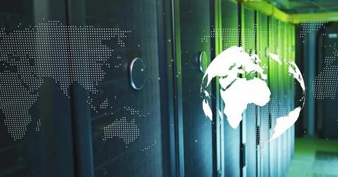 Displaying black server cabinets in data center, featuring digital globe and Stock Illustration