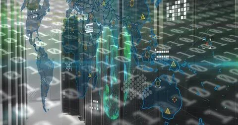 Displaying black server cabinets in high-tech server room, with binary streams Foto stock