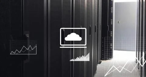Displaying black server cabinets with mesh fronts in data center corridor, Stock Photos