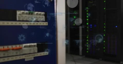 Displaying black server rack showing green LED lights in data center, with power Stock Photos