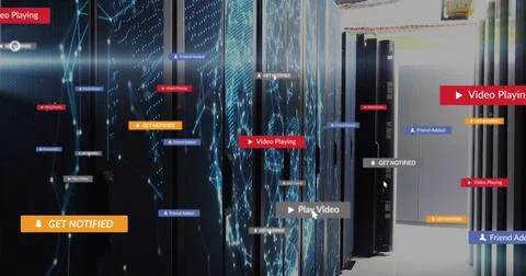 Displaying black server racks with blue network graphics in data center, showing Stock Photos