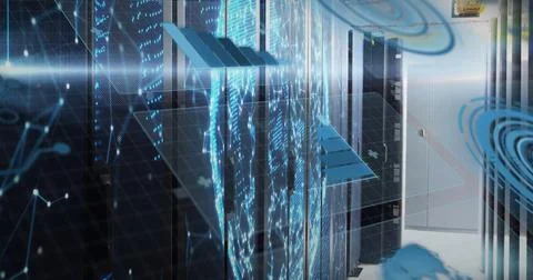 Displaying black server racks glowing with LEDs and holographic world map in Stock Photos