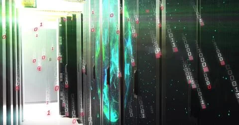 Displaying black server racks glowing with LEDs and blue-green hologram in data 스톡 사진
