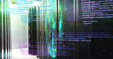 Displaying black server racks showing neon code overlays in narrow data center Stock Photos