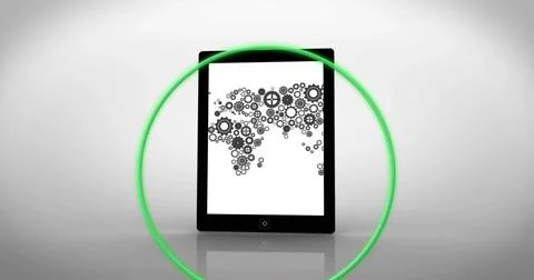 Displaying black tablet device centered on glossy studio tabletop, showing gear Stock Illustration